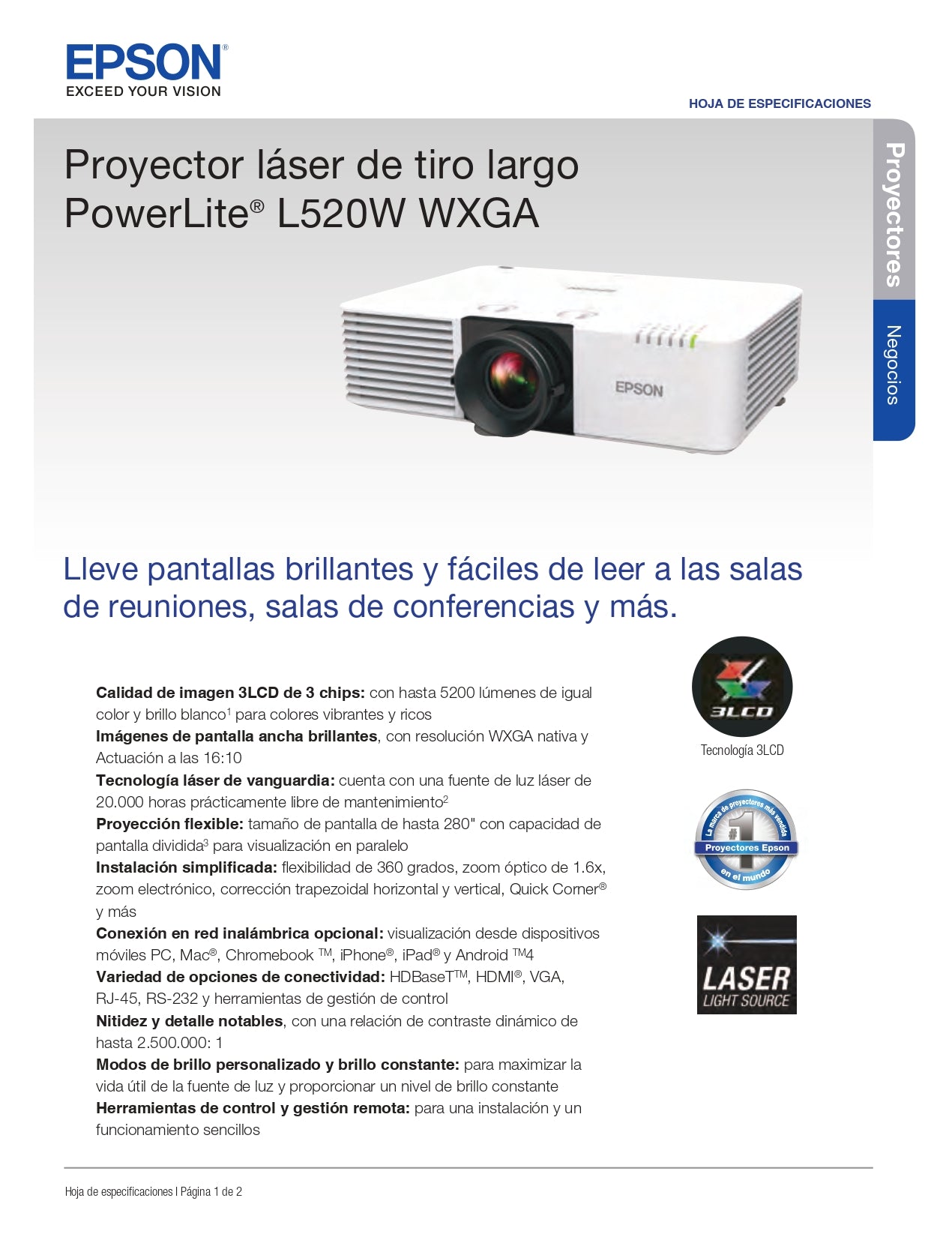 Proyector láser de tiro largo PowerLite® L520W WXGA